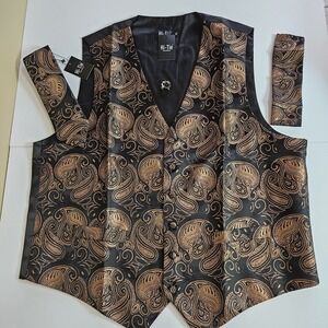 Hi-Tie Paisley Vest Tie Cufflinks Set Black Gold Men's Size XXL Formal